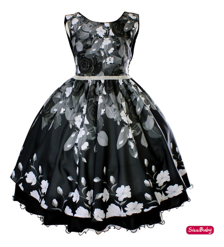 Vestido Infantil Preto Floral Festa Social Formatura Baile