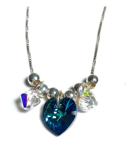 Collar Plata 925 Con Corazon  De Cristal Azul Blue Zircon