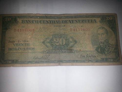 Billete De 20 Bolivares Año 1964 Para Coleccionistas Serie D