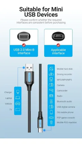 Cable USB 2.0 para cámara GPS Mini USB V3 Ps3 Vention de 1,5 m, color negro