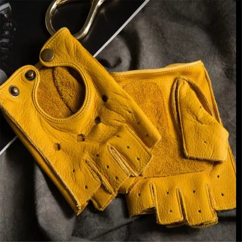 ST456 Guantes de moto amarillos de verano, guantes de cuero sin dedos para  Moto, guantes Retro de medio dedo para motocicleta, medio guantes para