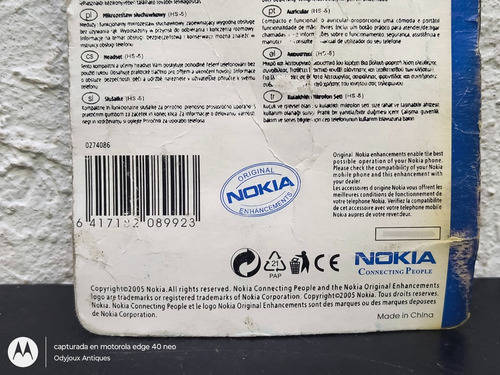 Nokia Headset Manos Libres Hs-5 En Blister Retro 2005 Orig Blanco (Usado)