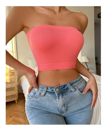 Crop Top Sujetador Unicolor Tejido Rosado Sandia