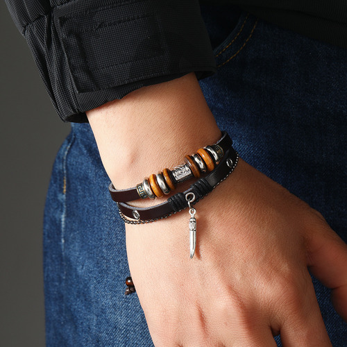 Pulsera De Cuero Trenzado Multicapa