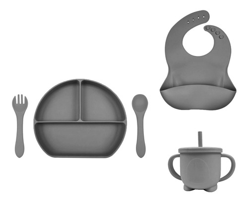 Plato Con Tapa + Cubiertos + Babero + Vaso Antiderrame