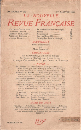 La Nouvelle Revue Française N° 292 ( 1938 ) Francis Jammes