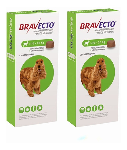 Antipulgas Para Perro Bravecto 500 Mg 10-20 Kg Pack X2