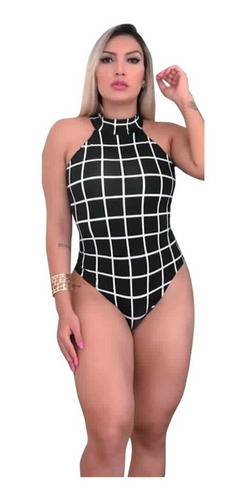 Body Bori Maiô Feminino Verão Cavalo Preto Quadriculado