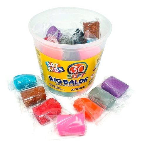 Imagem 2 de 7 de Big Balde Massinha Acrilex C/ 30 Massas Soft Sortidas 1,5kg