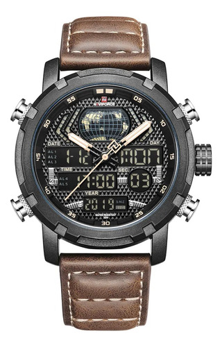 Reloj Negro Naviforce Elegante Original Cuero Pantalla Dual