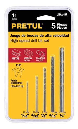 Imagen 2 de 2 de Juego De Brocas Metal, Madera, Plastico Pretul 5 Pzs Jbav-5p