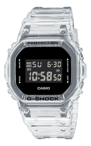 Reloj de pulsera Casio G-Shock DW5600 de cuerpo color gris, digital, fondo negro, con correa de resina color gris, dial gris, minutero/segundero gris, bisel color gris y negro, luz azul verde y hebilla simple