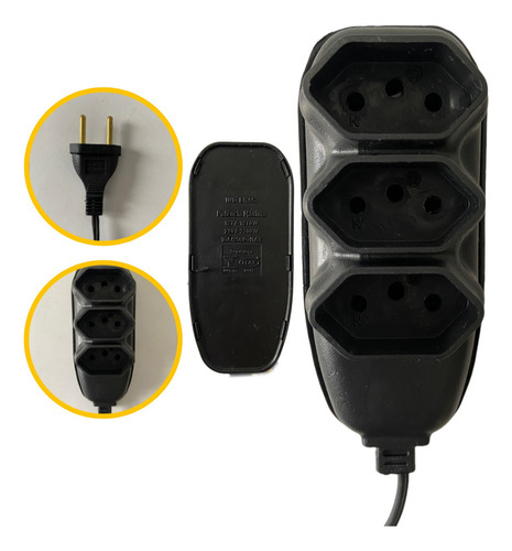 Extensão Elétrica 2 Metros Bivolt Preto 3 Tomada Tripolar
