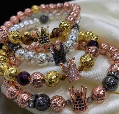 Pulsera Corona Piedra Volcánica & Hematita Cristales Zirconia Austriaco Color Modelo 3 Diámetro 18 Cm