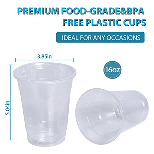100 Pack 16oz Clear Plastic Cups, Cold Party Drinking C...
