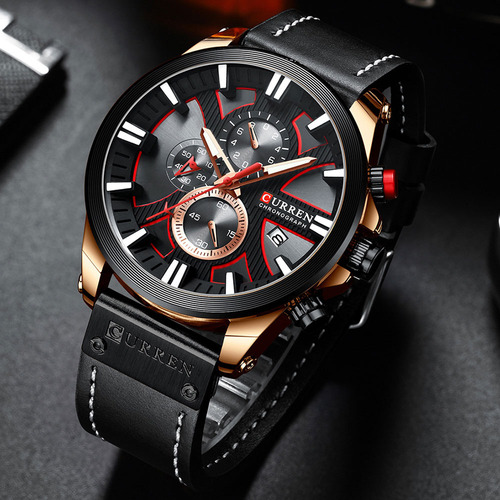 Reloj Analogo Curren Con Pulsera De Cuero Para Caballero Negro Negro/rosa Gold Negro