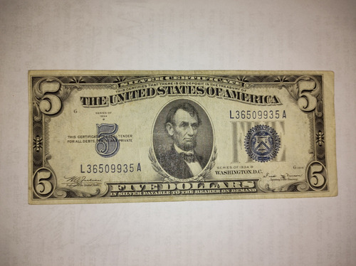 Billete De 5 Dólares Silver Certificate - Sello Azul - 1934