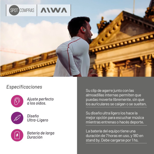 Imagen 5 de 5 de Auriculares Deportivo Aiwa Inalámbrico Bluetooth Ava-dbt93