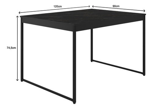 Conjunto De Jantar Industrial Com Mesa 120x90cm Tampo Mármore Preto E 4 Cadeiras Pretas Geométricas