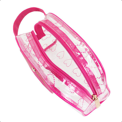 Necessaire Feminina Com Alça Jacki Design Love Transparente Cor Pink Desenho Do Tecido Lisa