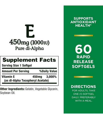 Vitamina E 450 Mg (1000 Iu) Nature's Bounty 60 Capsulas
