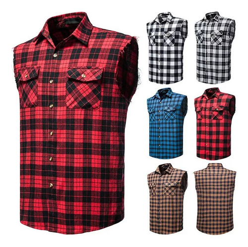 Camisa Casual A Cuadros Para Hombre, Doble Bolsillo