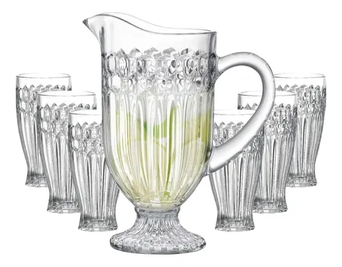 Jogo Jarra 1,15 L E 6 Copos 300ml Vidro  Madri Luxo Transparente