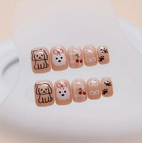24 Pz Uñas Postizas Tips Lazo Cachorro Nude Nails Press On Nude Lazo De Cachorro