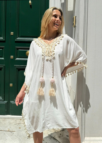 Vestido Túnica Escote En V Con Pompones