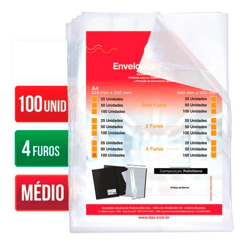 Envelopes Plasticos 4 Furos A4 Médio 100 Envelopes - Dac
