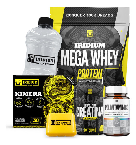 Kit Mega Whey + Creatina Cáps + Kimera 30 + Polivit + Galão Sabor Morango