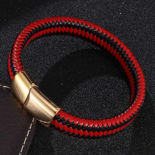 Brazalete Unisex En Cuerina Negro Y Rojo 19cm