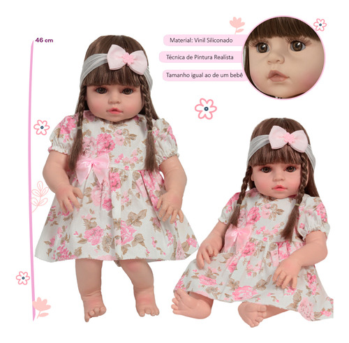 Boneca Reborn Bebê Realista Grande Com Vestido Florido
