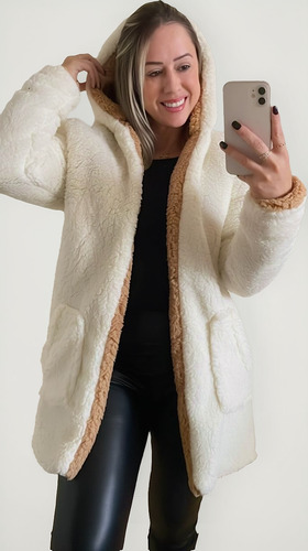 Casaco Teddy Pelúcia Dupla Face Inverno Feminino Com Capuz