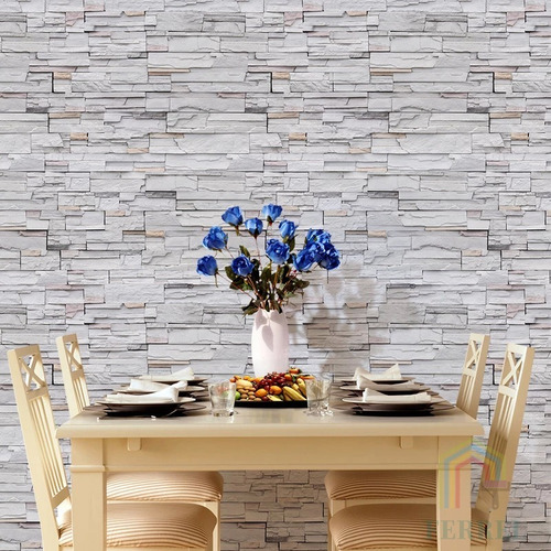 Imagen 1 de 7 de Papel Tapiz De Piedra Laja Gris Ladrillo Autoadherible Pared