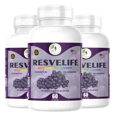 Kit 3 Semente De Uva Resveratrol Resvelife 60 Cáps Fits Life