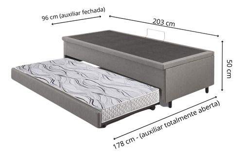 B&G Bicama Box Baú Solteirão Courino Linho Cinza 96x203 com Colchão Auxiliar Ecoflex