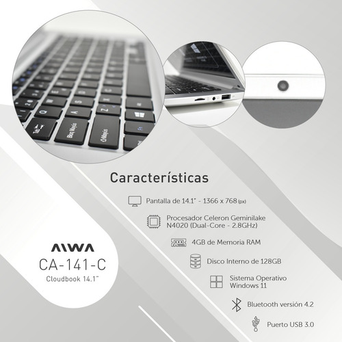 Imagen 4 de 8 de Notebook Cloudbook Aiwa 14.1 Dual Core 128gb 4gb Ram + Funda