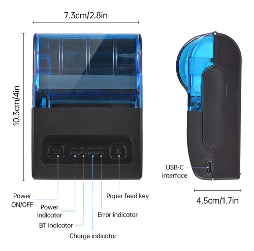 Bisofice Mini Impressora Térmica Portátil Sem Fio Usb