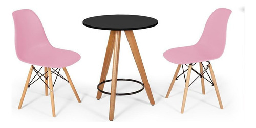 Mesa Redonda Aline 70cm Preta Com 2 Cadeiras Eames Eiffel Cor Rosa