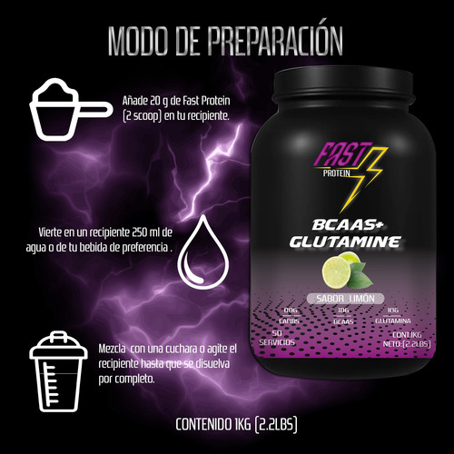 Aminoácidos Bcaas + Glutamina Fast 1kg Varios Sabores Limón