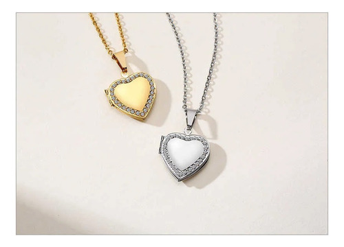 Collar Dije Corazon Medallon Delgado Acero Cristales Charm Dorado