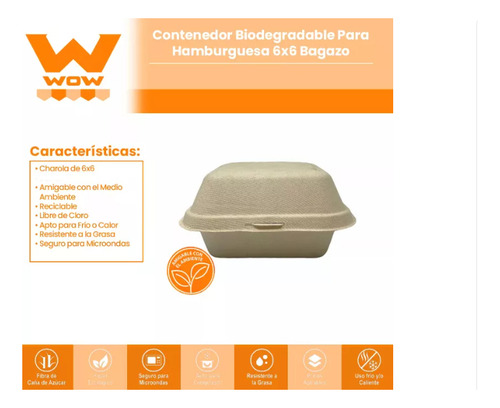 Contenedor Biodegradable Para Hamburguesa 6x6 Bagazo 200 Pzs Color Beige WOW BGBX.G26X6.NT Color Beige