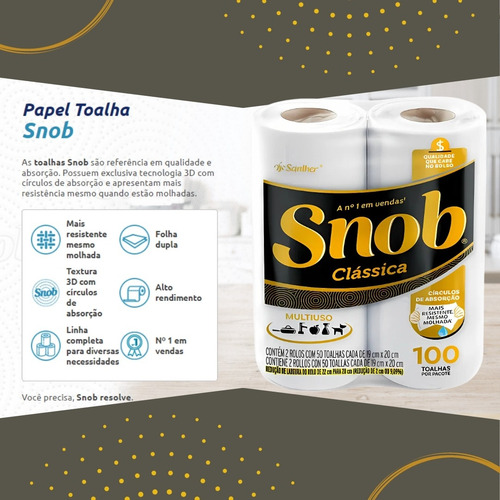 3 Unid. Papel Toalha Snob Folha Dupla Clássica Pct. 2x50=100