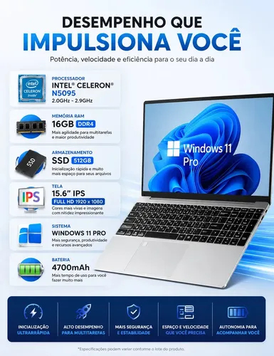 Notebook 15.6 16gb Ram Ssd 512gb Full Hd Windows 11 Pro Ultra Fino