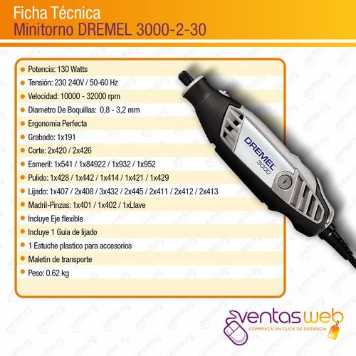 Imagen 8 de 9 de Minitorno Dremel 3000 + Eje Flexible Maletin 30 Accesorios