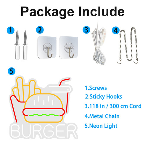 Letrero Led De Neón Para Cafetería Burger Fries Coke