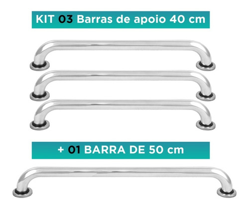 Kit Barras De Apoio Banheiro 03 Peças 40cm + 01 Barra 50cm Cor Prateado