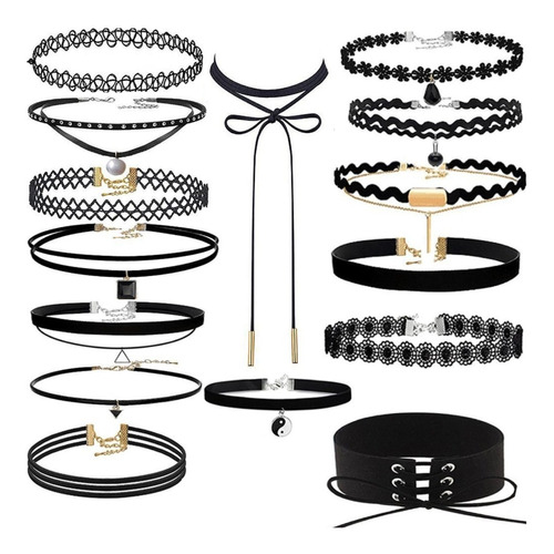 15pz Collar Gargantilla Accesorios Mujer Negro Encaje Gotico