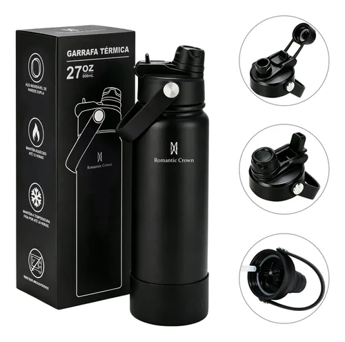 Garrafa Térmica 800ml Inox Bico Duplo Canudo Alça Esporte Preto